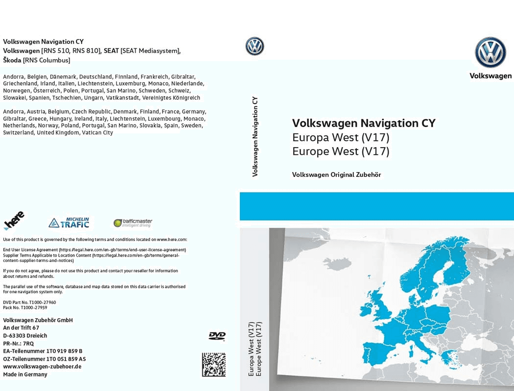 DVD z mapami nawigacyjnymi krajów Europy Zachodniej  RNS 510/810. Wersja V17